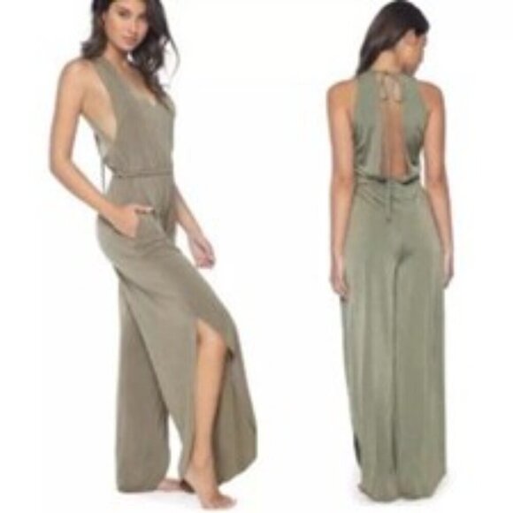 Pilyq Other - PilyQ Olive Joanne Jumpsuit Swim Cover-up Open Leg Slit Back V-Neck One Piece L